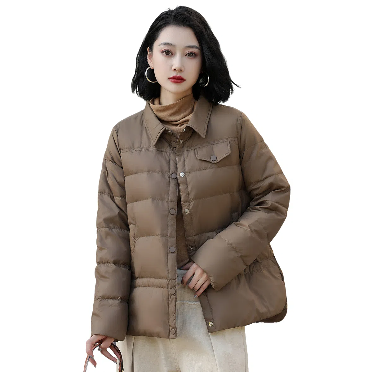 鸭鸭 纯色翻领薄款羽绒服 女款