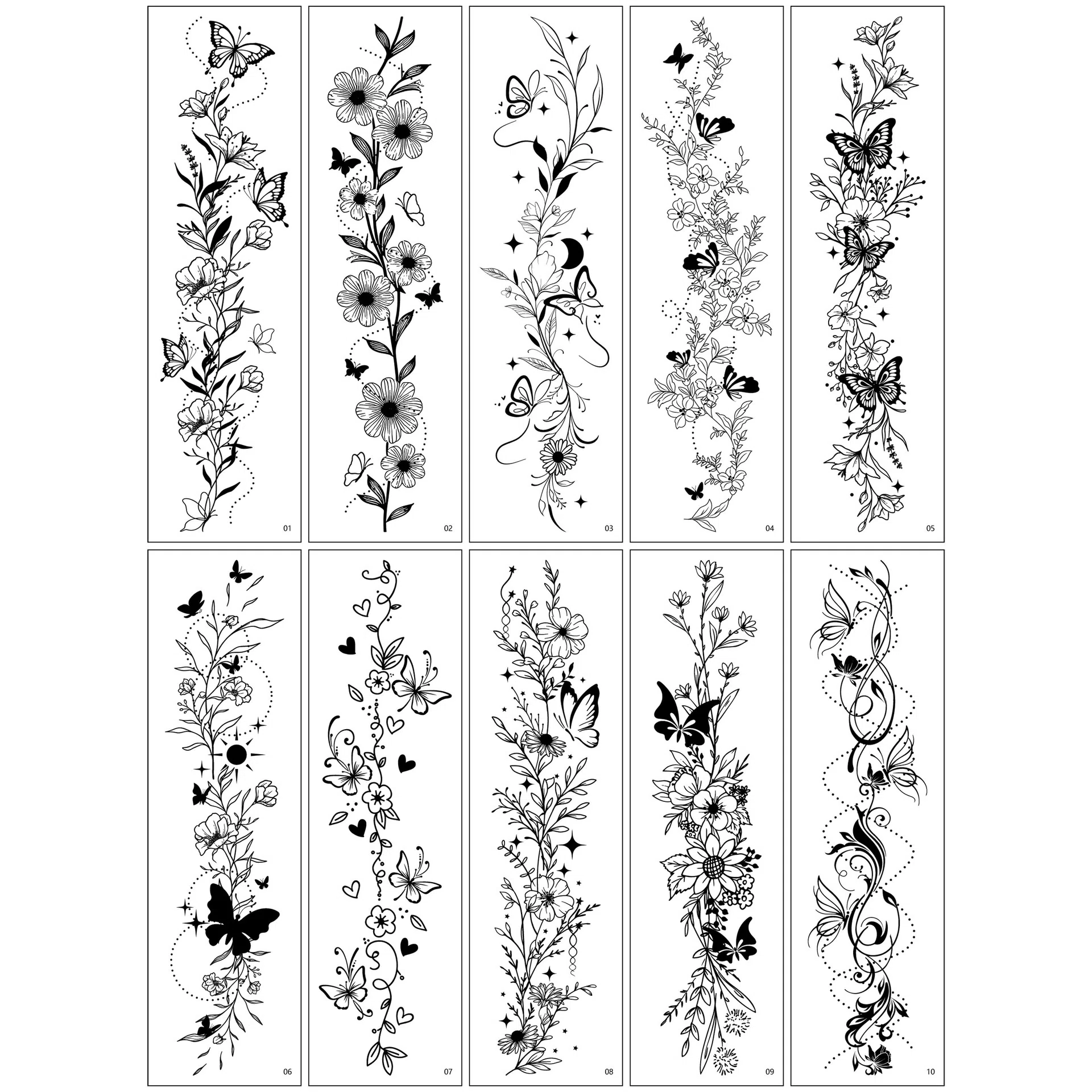 馨枕居  花臂花环纹身贴高级感黑白蝴蝶花朵手臂腿部临时纹身贴纸