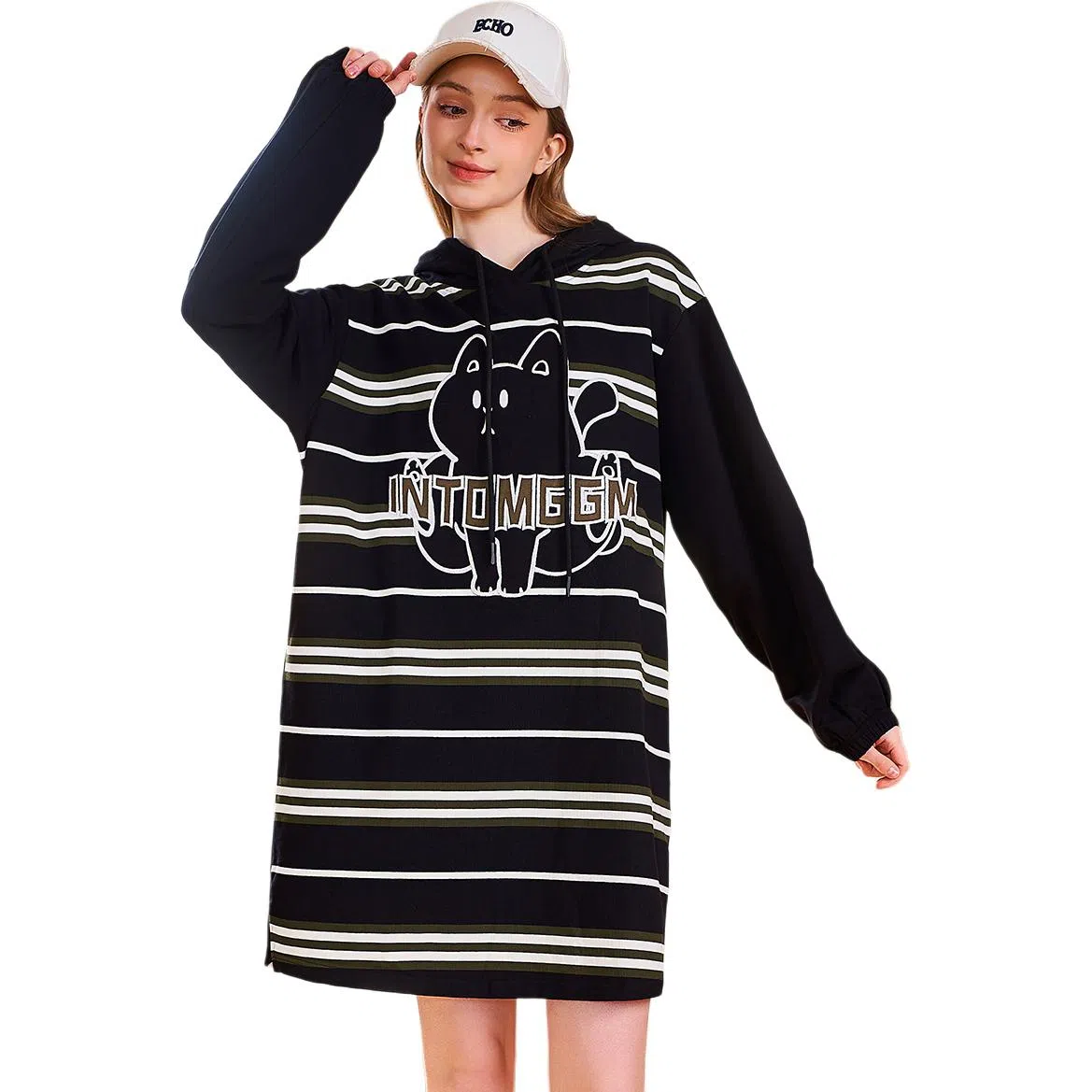 木果果木 中长款复古条纹小众连帽宽松长袖连衣裙 女款 军绿条