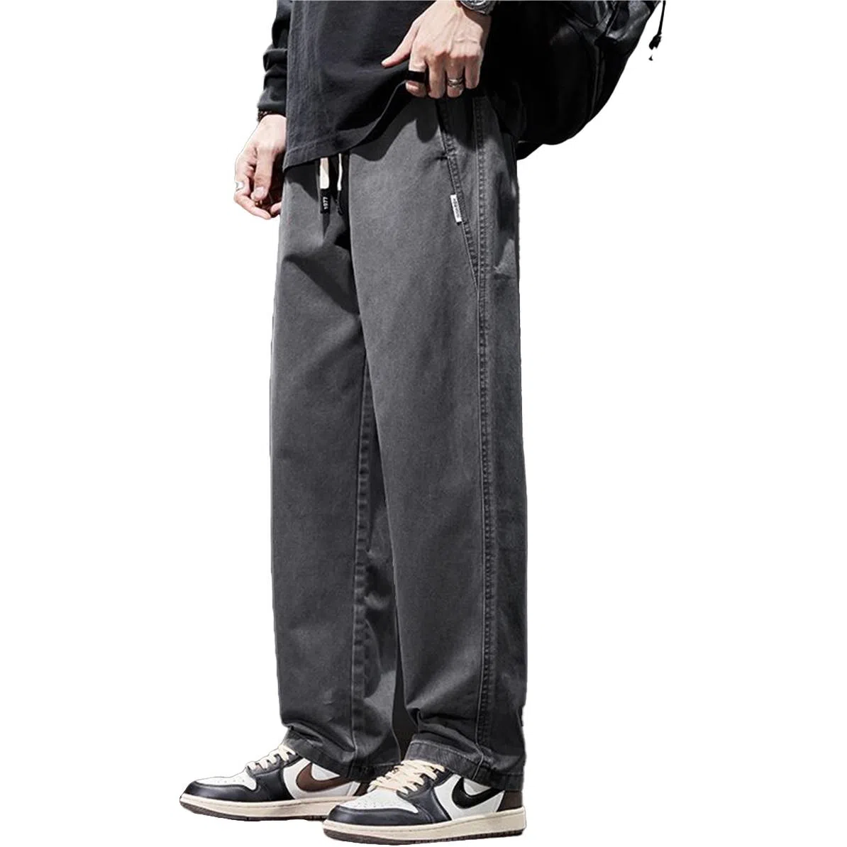 人本 纯色中腰宽松直筒系带休闲裤 男女同款 黑色