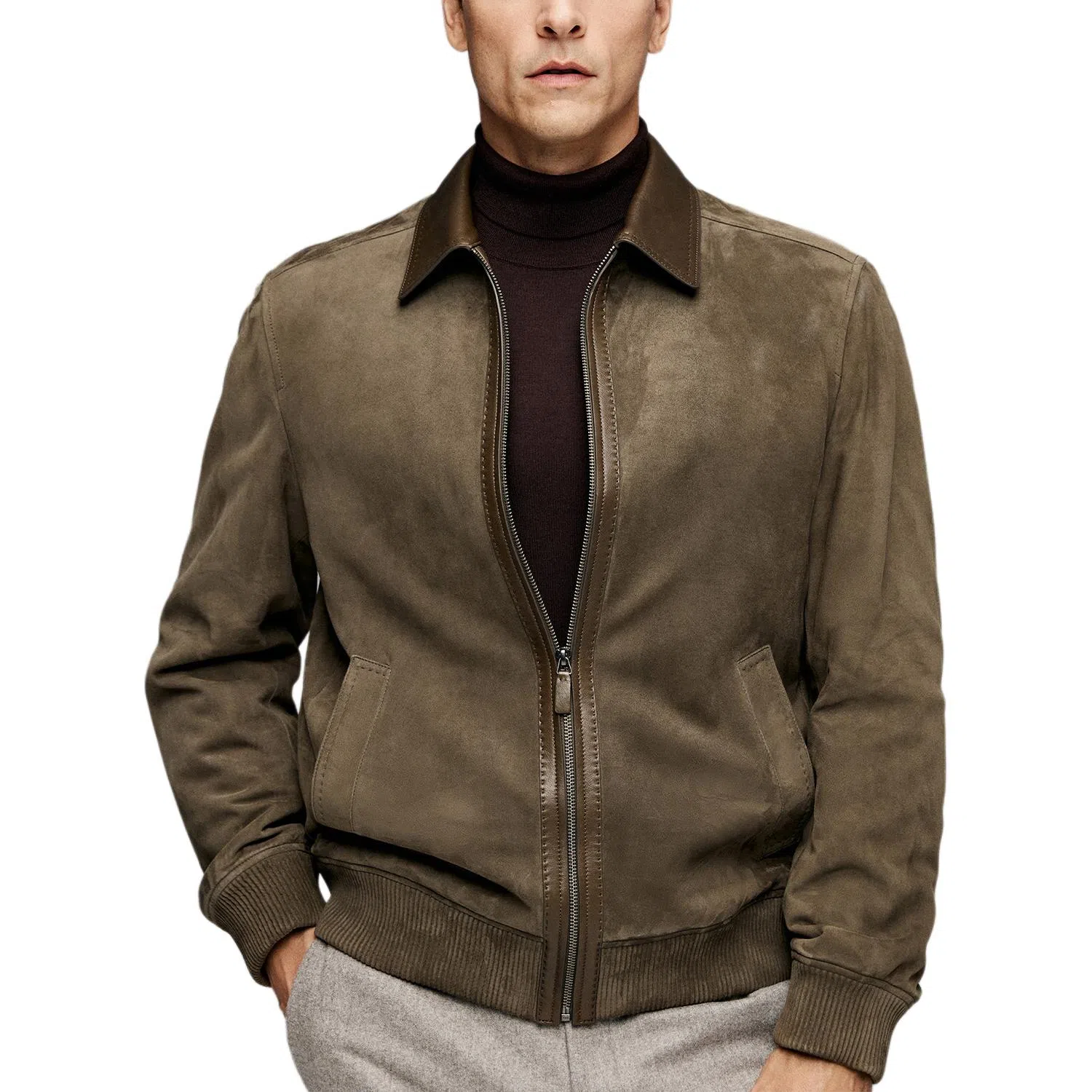 丹宁哲学 高端反绒绵羊皮纯色长袖翻领直筒型皮衣 男款