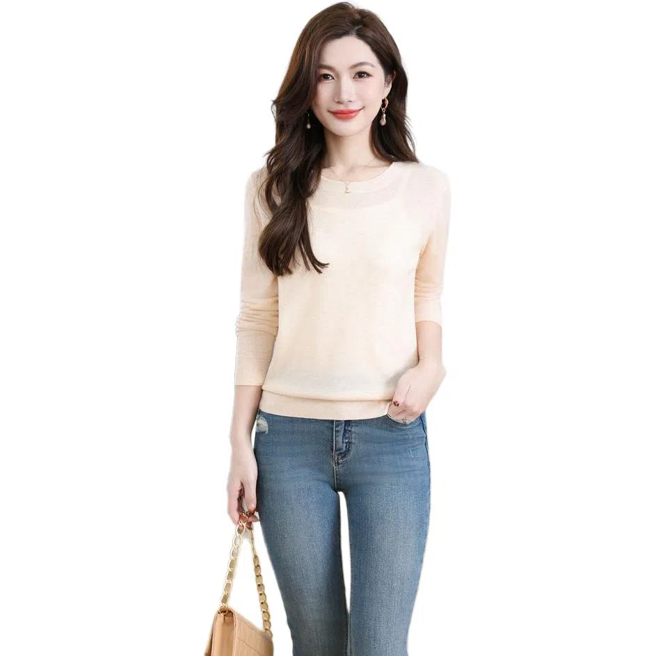 恒源祥 圆领舒适时尚纯色简约休闲长袖针织衫 女款