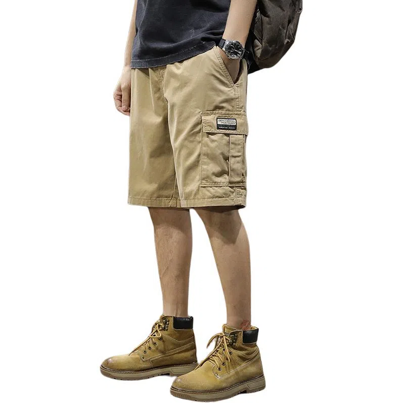 前进牛 美式休闲高街复古潮牌褶皱凉感简约绣标大口纯棉运动休闲中裤宽松直筒大码五分裤工装短裤 男女同款