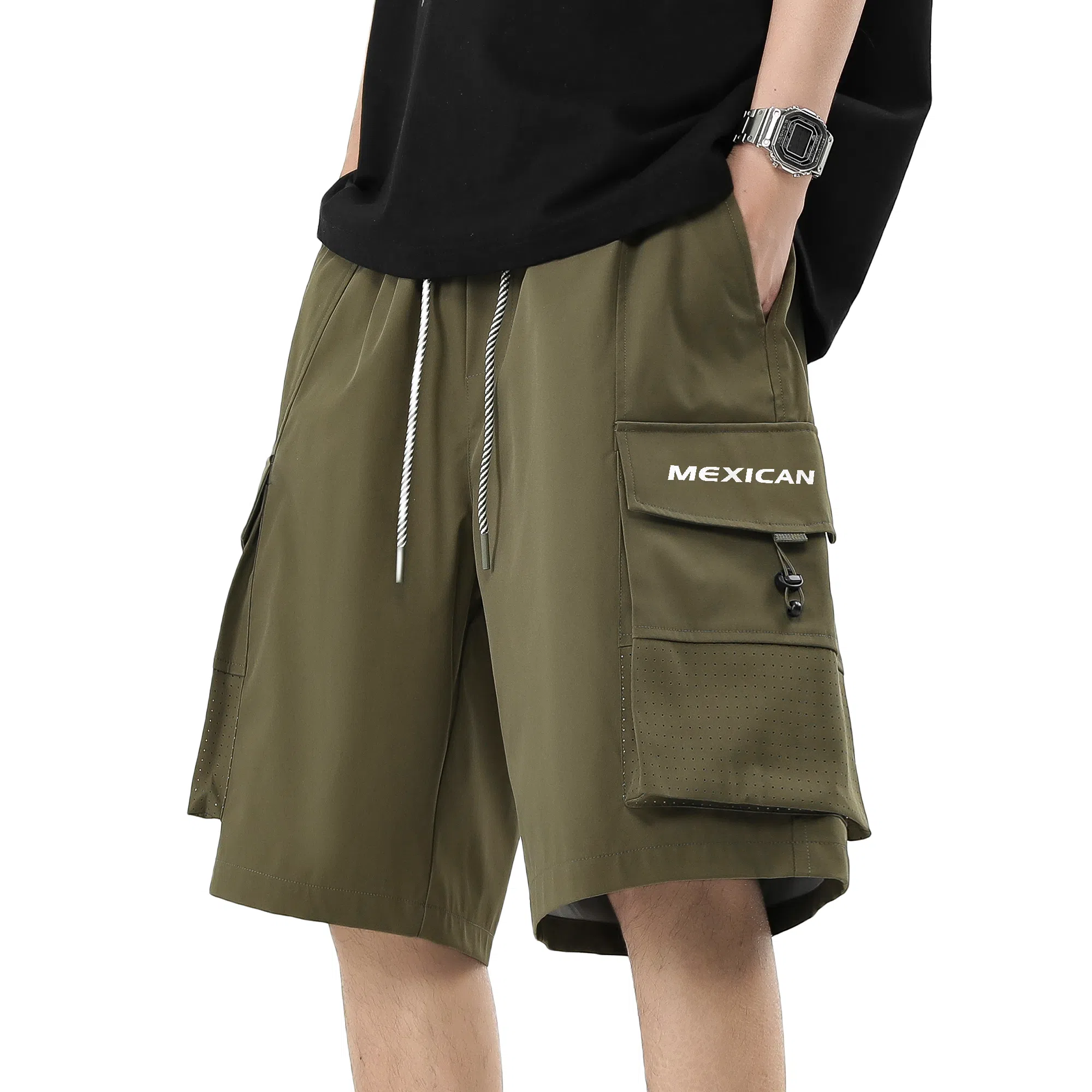 稻草人 美式潮牌复古品牌字母极简风宽松百搭系带纯色多口袋亲肤舒适透气五分户外休闲运动工装短裤 男女同款