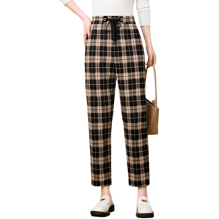 粉红玛琍 简约高腰系带休闲裤 女款 黑格