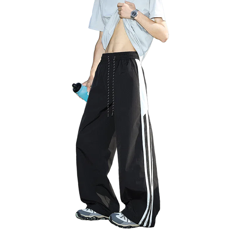 佑麟 网眼三条杠裤子男夏薄款美式冰丝速干青少年运动裤宽松阔腿伞兵裤休闲裤 男女同款