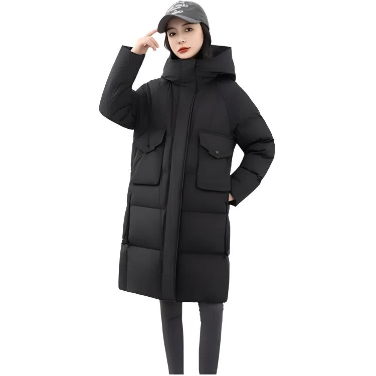 鸭鸭 纯色加厚中长款连帽拉链舒适休闲长袖羽绒服 女款