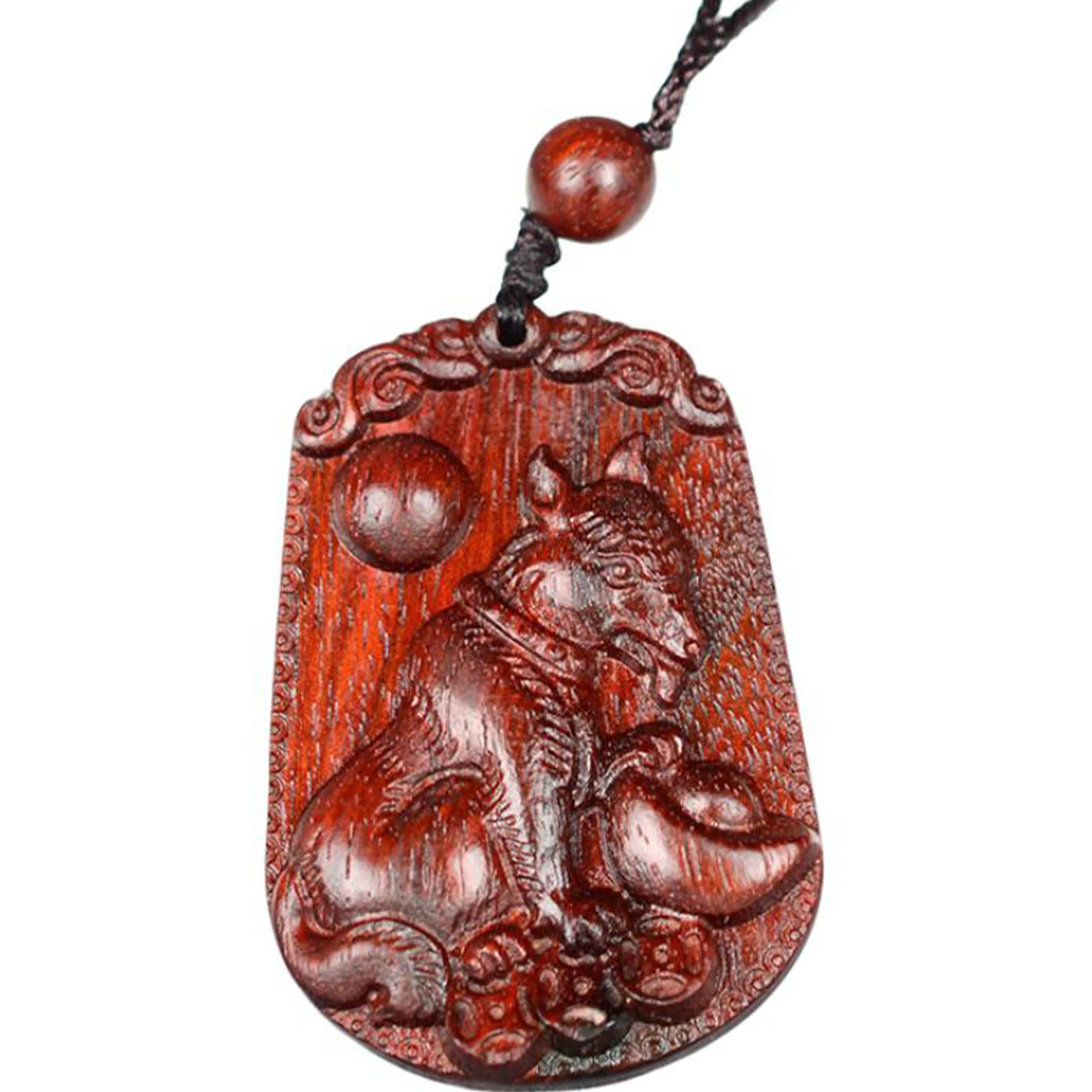 檀欣 国风新中式 本命年 精雕十二生肖属相吊坠红木木雕无事牌挂件平安牌毛衣链吊坠 木质檀香 项链 男女同款情侣款 紫檀属 礼盒装