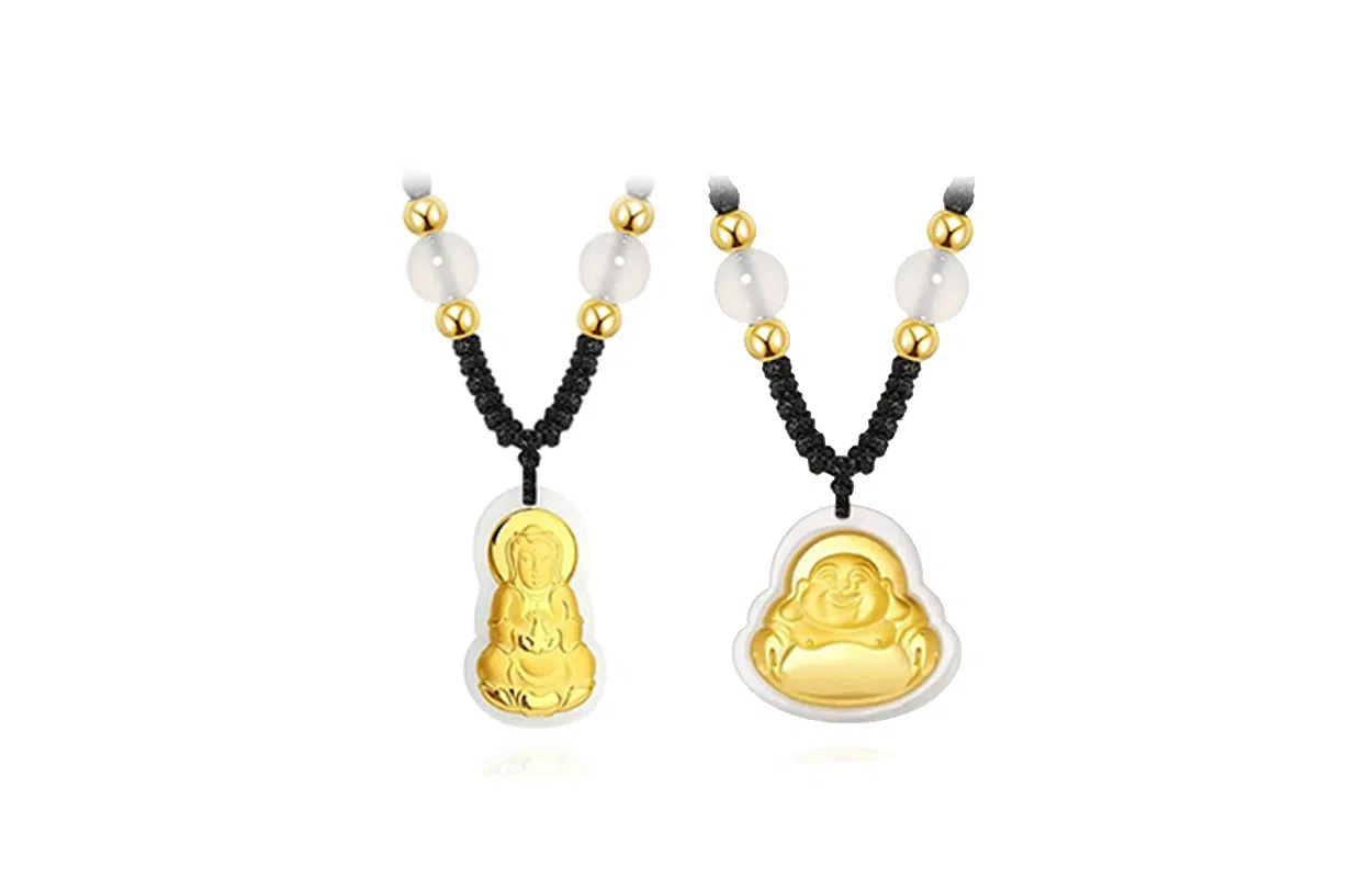 百利金 金镶玉 精致个性大气小众设计感 国潮新中式复古弥勒佛观音转运锁骨链 足金 项链 男女同款情侣款
