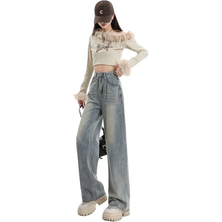 么宁 复古水洗做旧阔腿高腰宽松毛边牛仔裤 女款