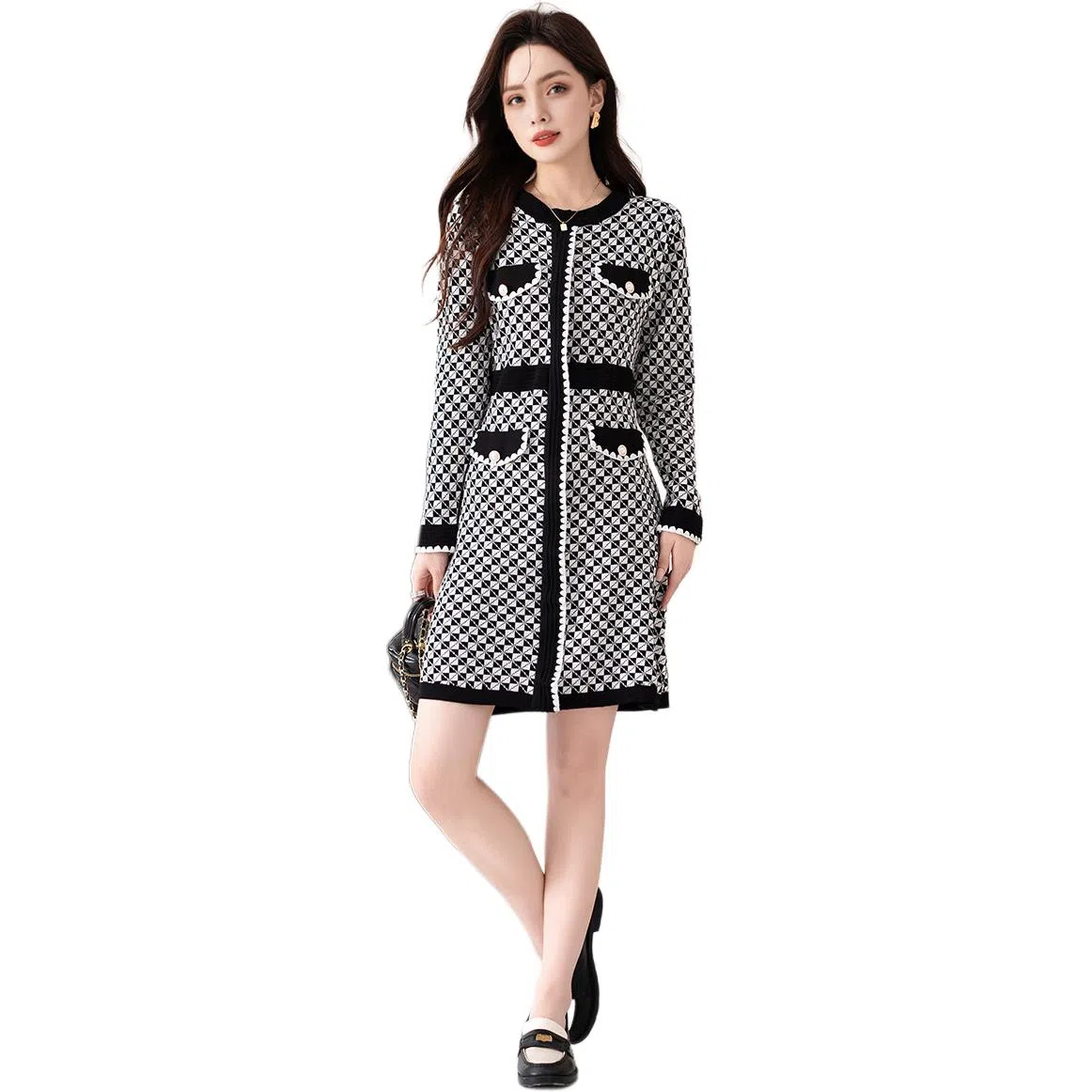 法文箱子 复古格子圆领修身针织长袖连衣裙 女款