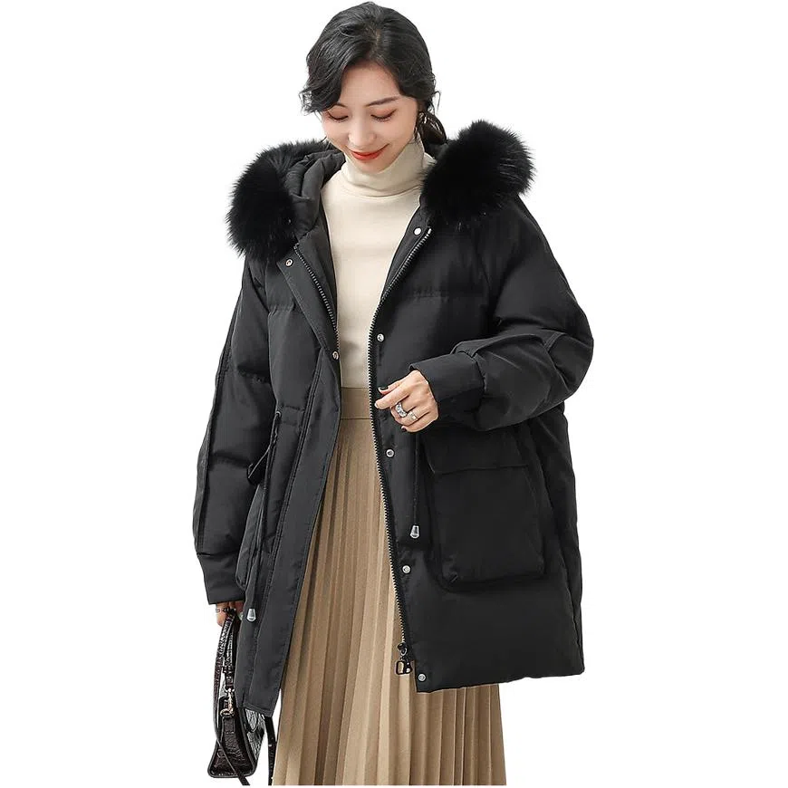 鸭鸭 纯色连帽毛领拉链中长款长袖羽绒服 女款