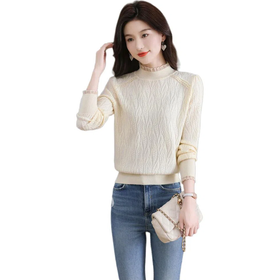 恒源祥 半高领花边蕾丝拼接打底纯色长袖针织衫 女款