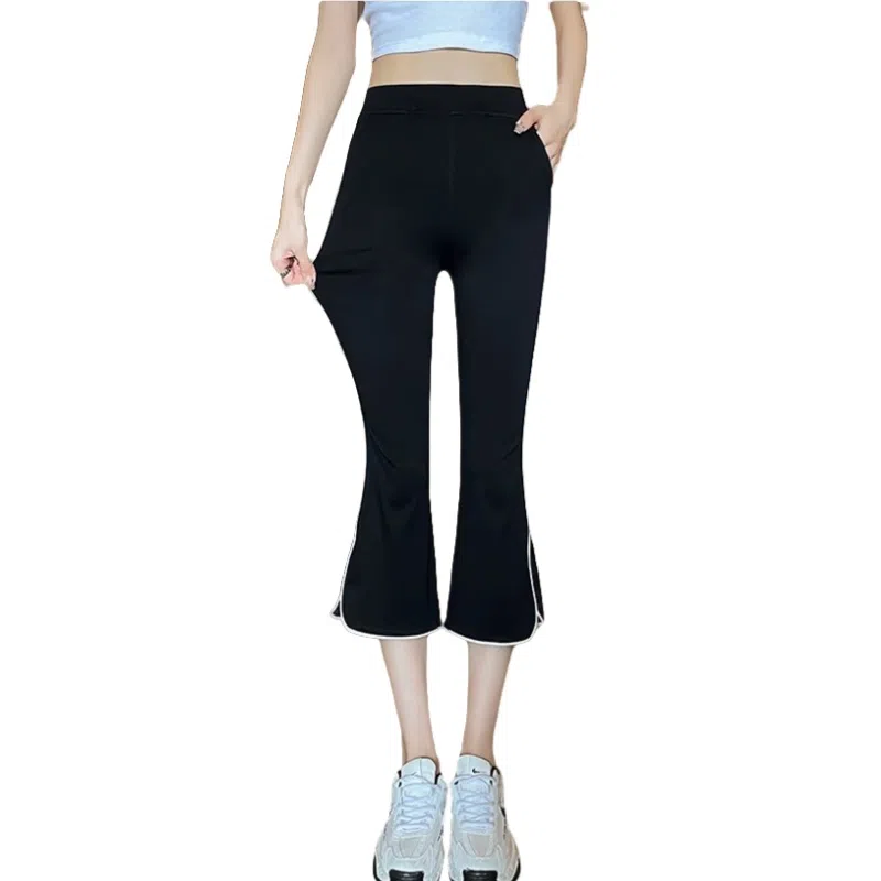 兰缪 高腰显瘦大码夏拼接小个子开叉微喇叭设计休闲短裤 女款