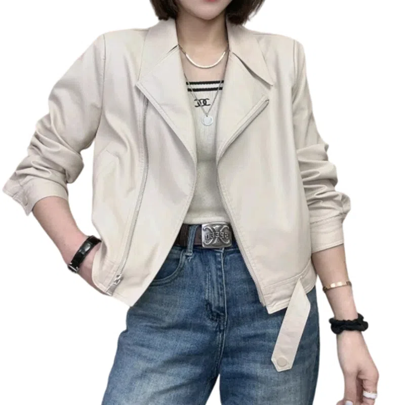 桴生 韩系炸街西装领拉链翻领短款合身简约长袖皮衣 女款