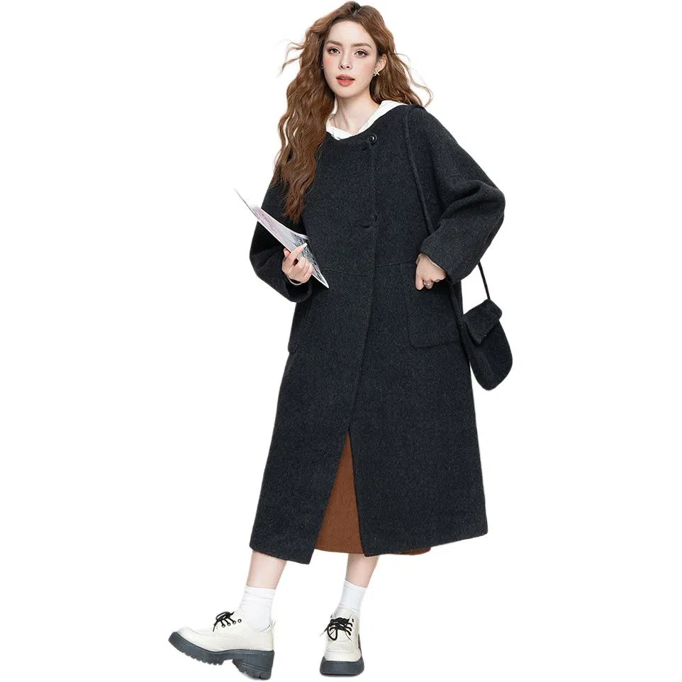 法文箱子 纯色简约长袖大衣 女款 黑色