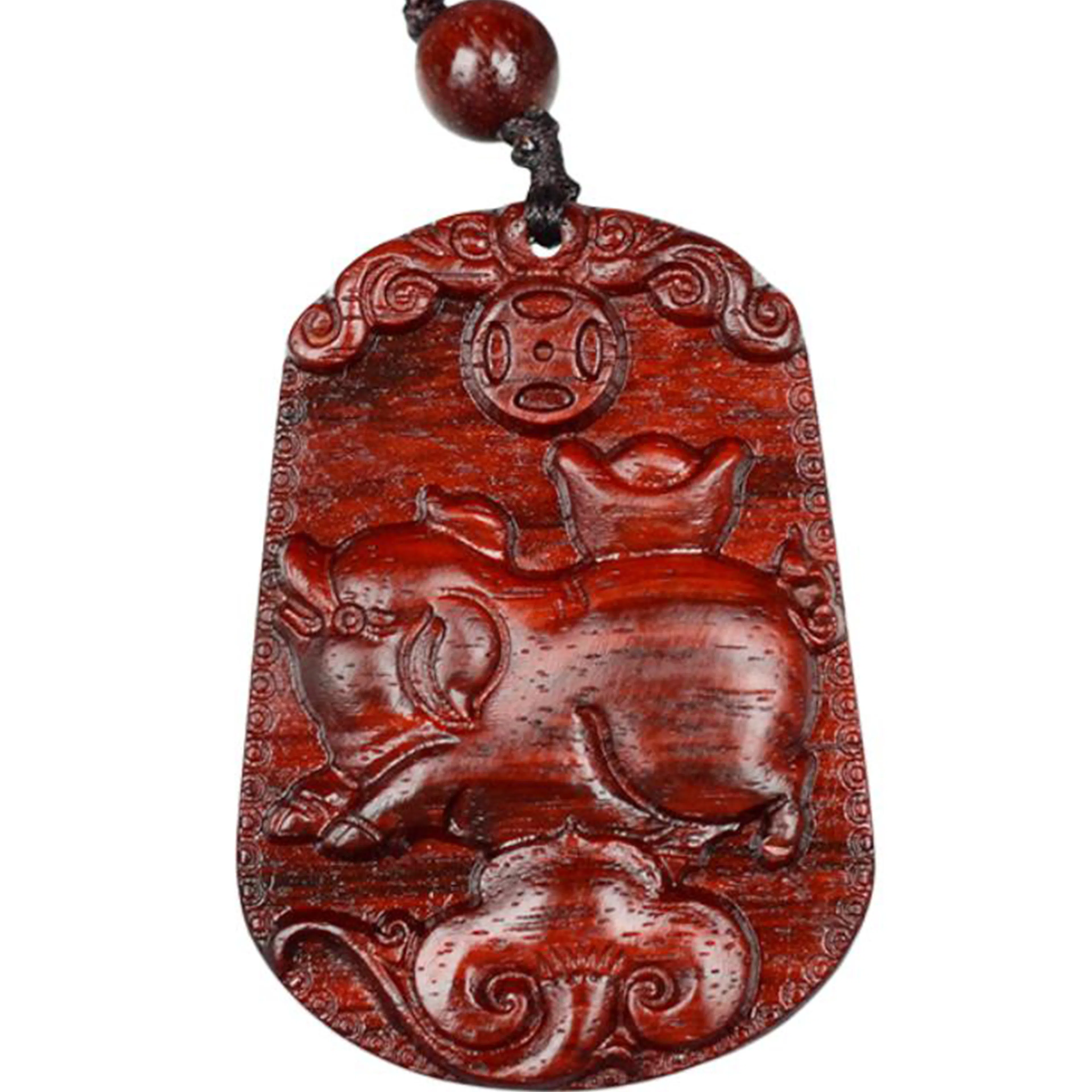 檀欣 国风新中式 本命年 精雕十二生肖属相吊坠红木木雕无事牌挂件平安牌毛衣链吊坠 木质檀香 项链 男女同款情侣款 紫檀属 礼盒装