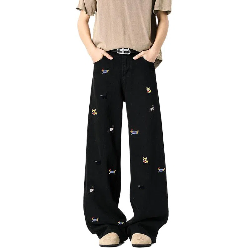 煦加 拉链纯色休闲宽松牛仔裤 男款