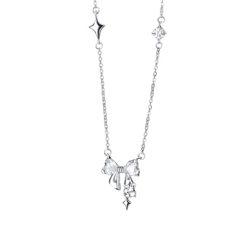 【纯银999 | 蝴蝶结造型】 琉堇 甜美温柔蝴蝶结吊坠 少女心森系小清新纯银颈链 梦幻灵动闪闪甜妹星星锁骨链 足银 项链 女款 告白礼盒