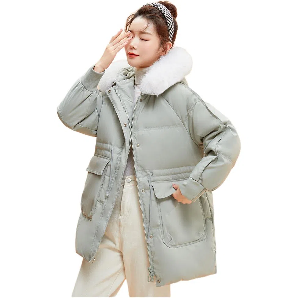 鸭鸭 纯色连帽毛领拉链中长款长袖羽绒服 女款