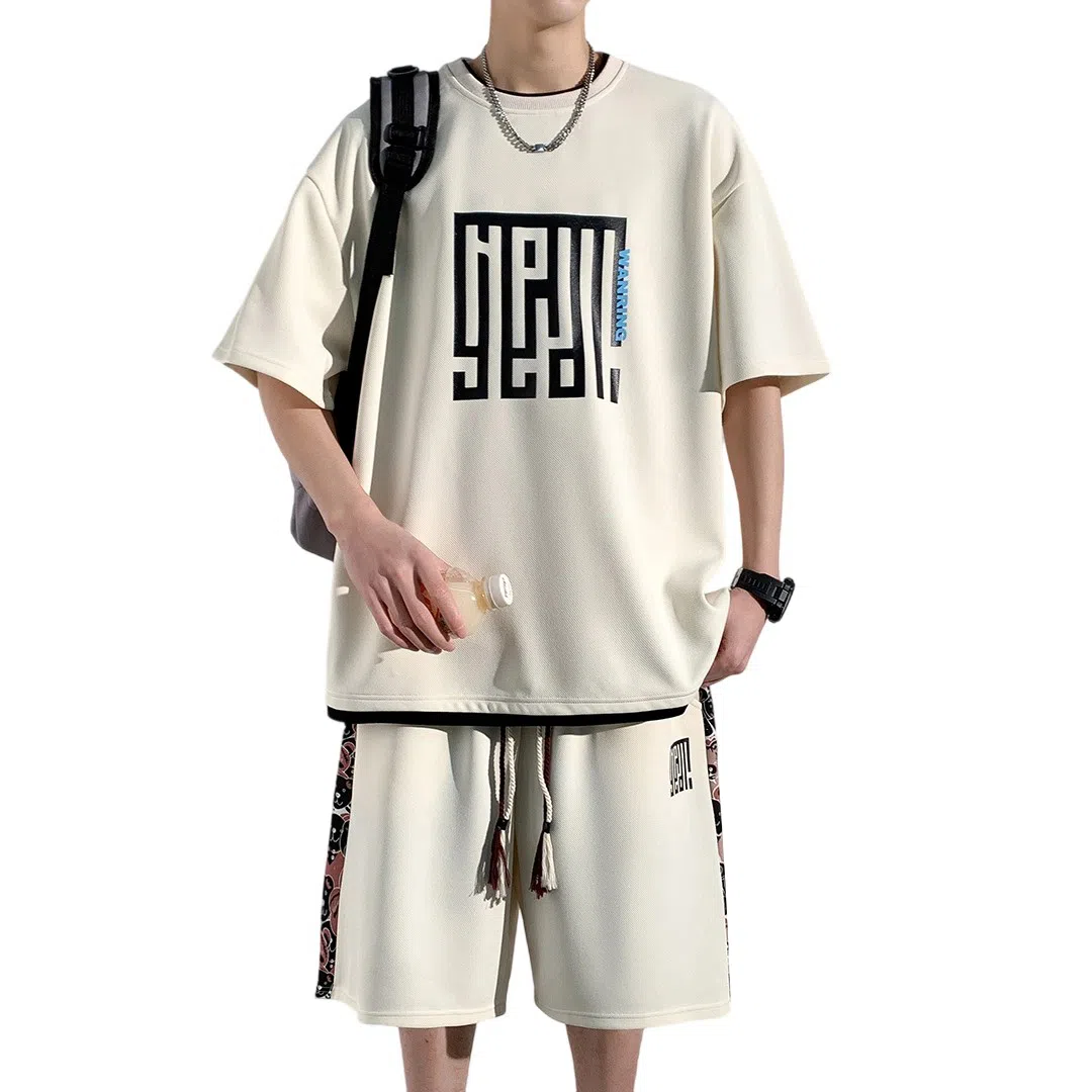 顶峰保罗 新中式国潮冰丝健身篮球圆领短袖短裤一整套无性别主义弹力松紧腰显高宽松加肥加大舒适百搭休闲运动套装 男女同款