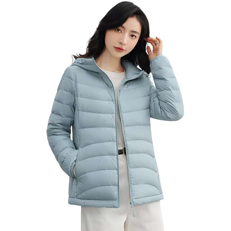 鸭鸭 薄款纯色百搭连帽长袖羽绒服 女款