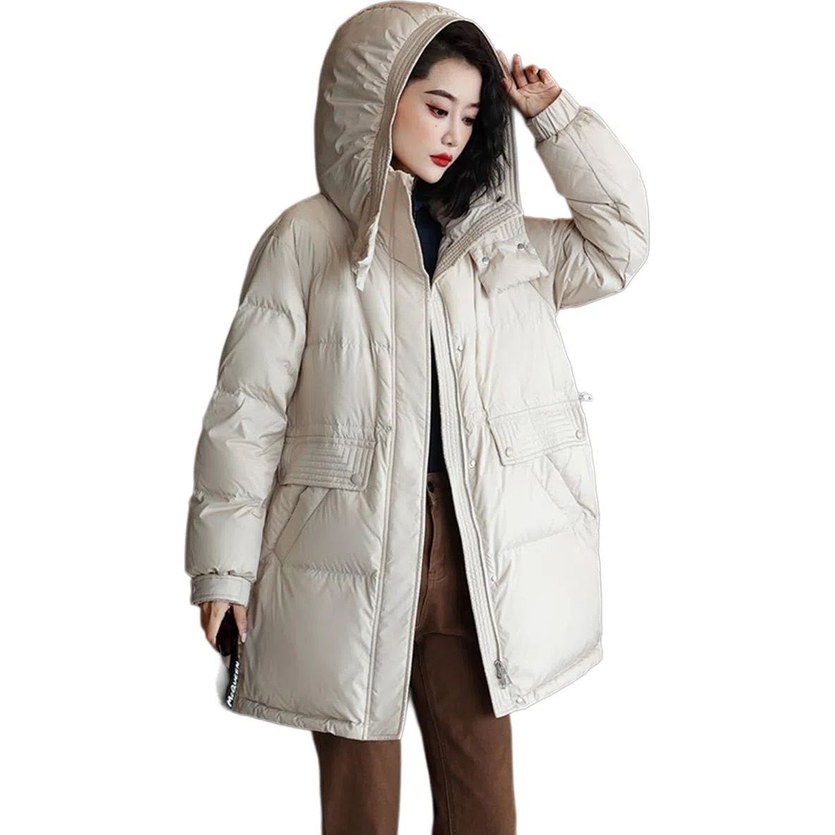 鸭鸭 纯色连帽中长款宽松羽绒服 女款