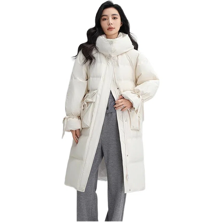 鸭鸭 纯色口袋连帽中长款长袖羽绒服 女款