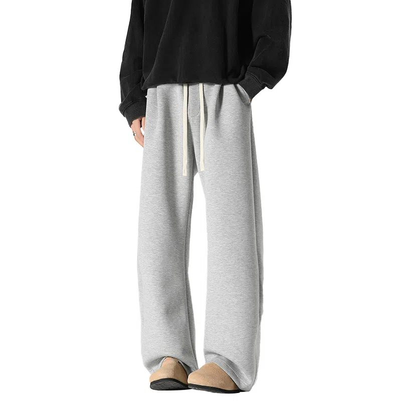 美式复古纯色基础款中腰拼接明线褶皱弯刀裤加绒加厚裤子宽松大码卫裤直筒阔腿休闲长裤简约百搭重磅垂感针织运动裤 男女同款