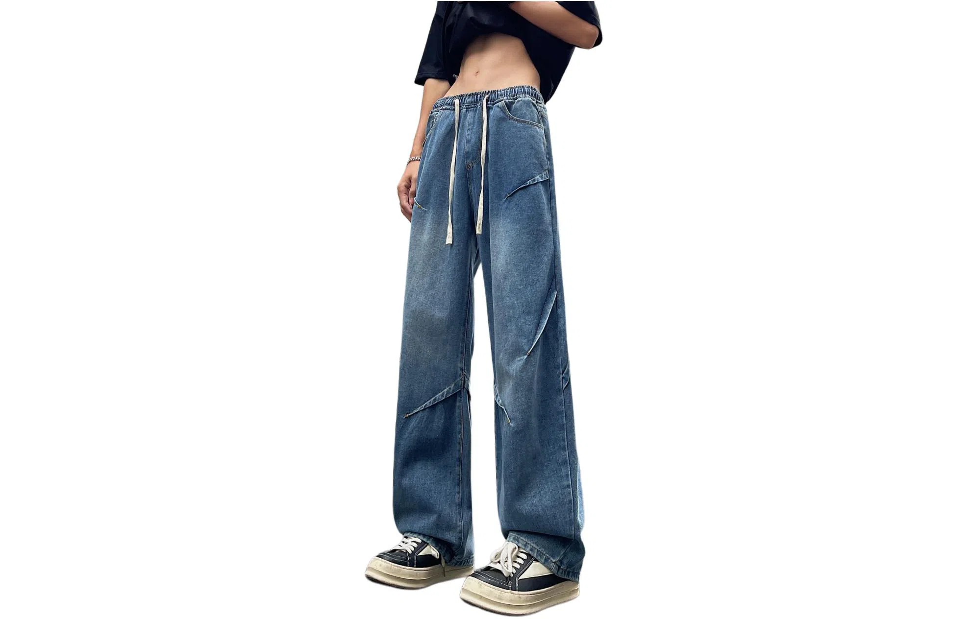 美式复古高街风显高显瘦垂感休闲阔腿经典百搭褶皱设计纯色基础款中腰潮流百搭抽绳宽松直筒裤做旧简约舒适系带牛仔裤 男女同款