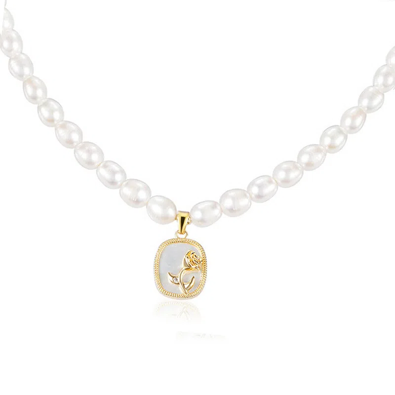 骊碧 瑰玫高档波漫有意义花法式实用 仪式感 淡水珍珠 白贝母 铜 项链 女款