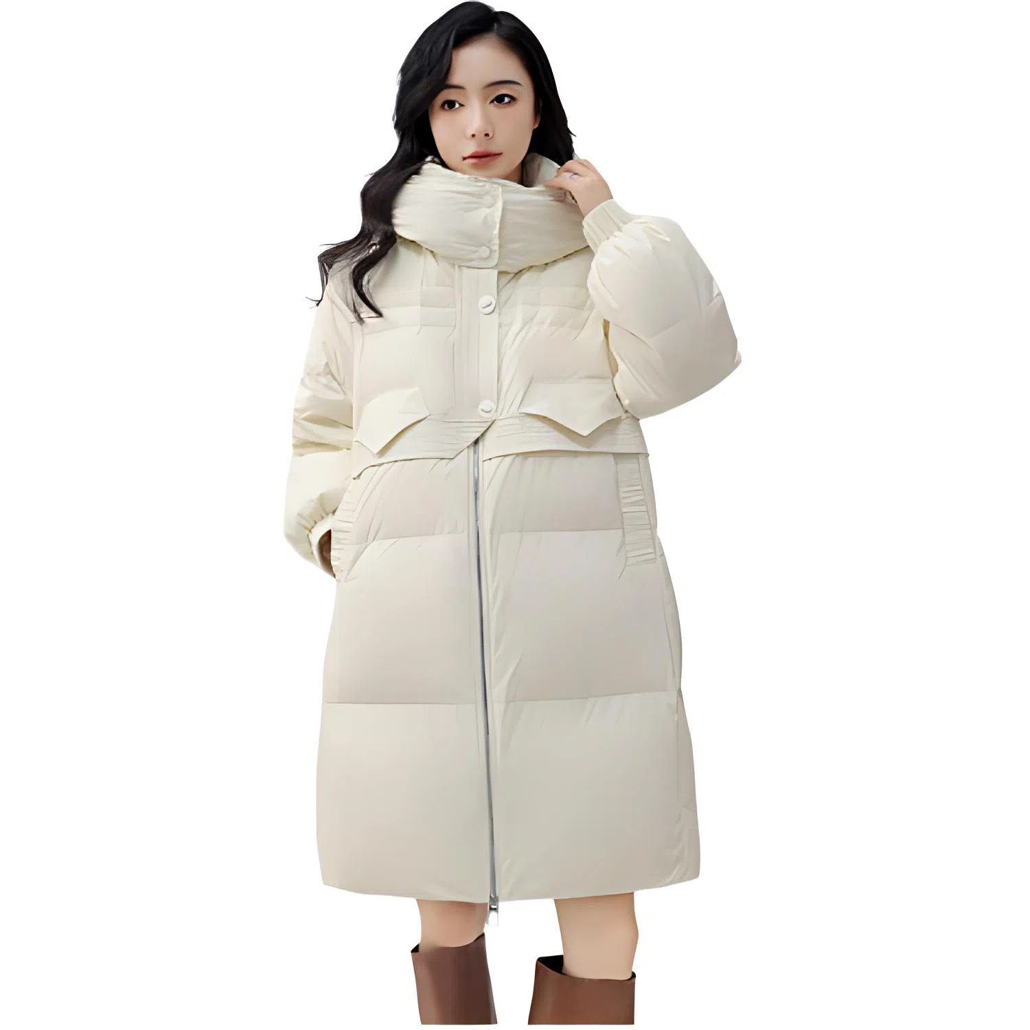 鸭鸭 纯色宽松连帽中长款羽绒服 女款 黑色