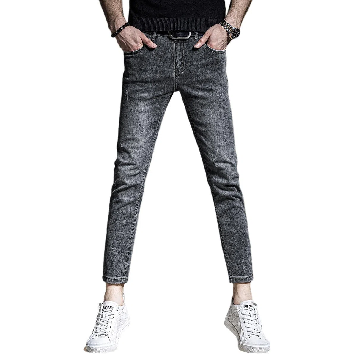 贵色 春季 水洗做旧直筒休闲帅气个性弹力韩版潮流长裤子学生党轻奢束脚牛仔裤 男女同款