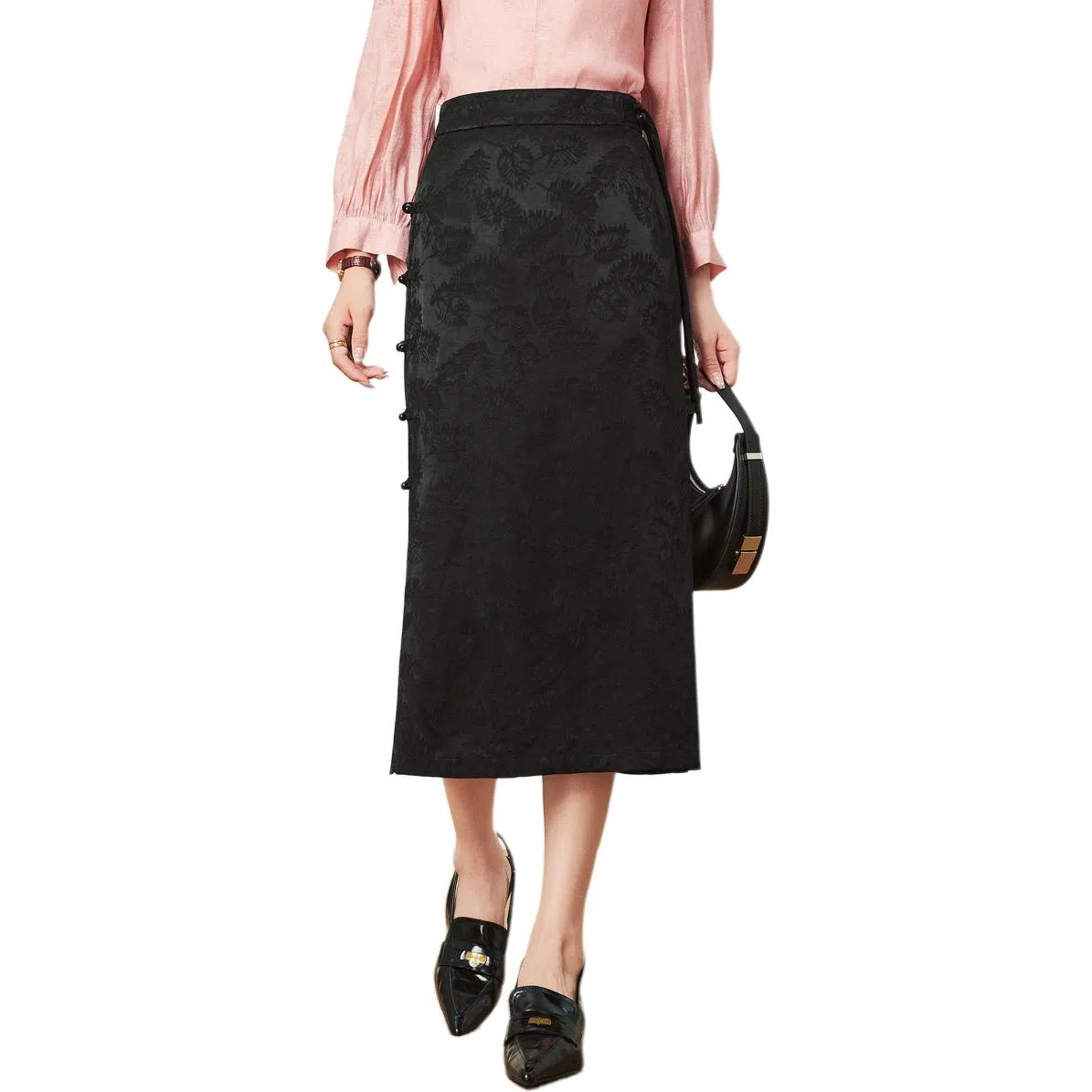 粉红玛琍 修身高腰简约休闲长裙 女款 黑色