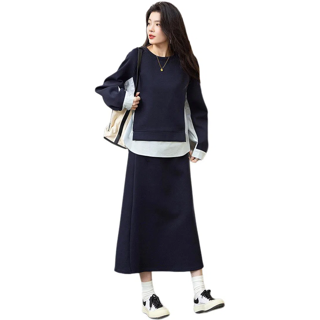 【dme】 圆领套头舒适长袖卫衣开叉休闲长裙裙装套装 女款
