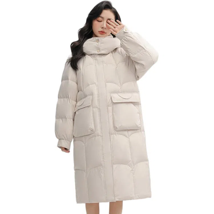 鸭鸭 连帽长款纯色宽松羽绒服 女款