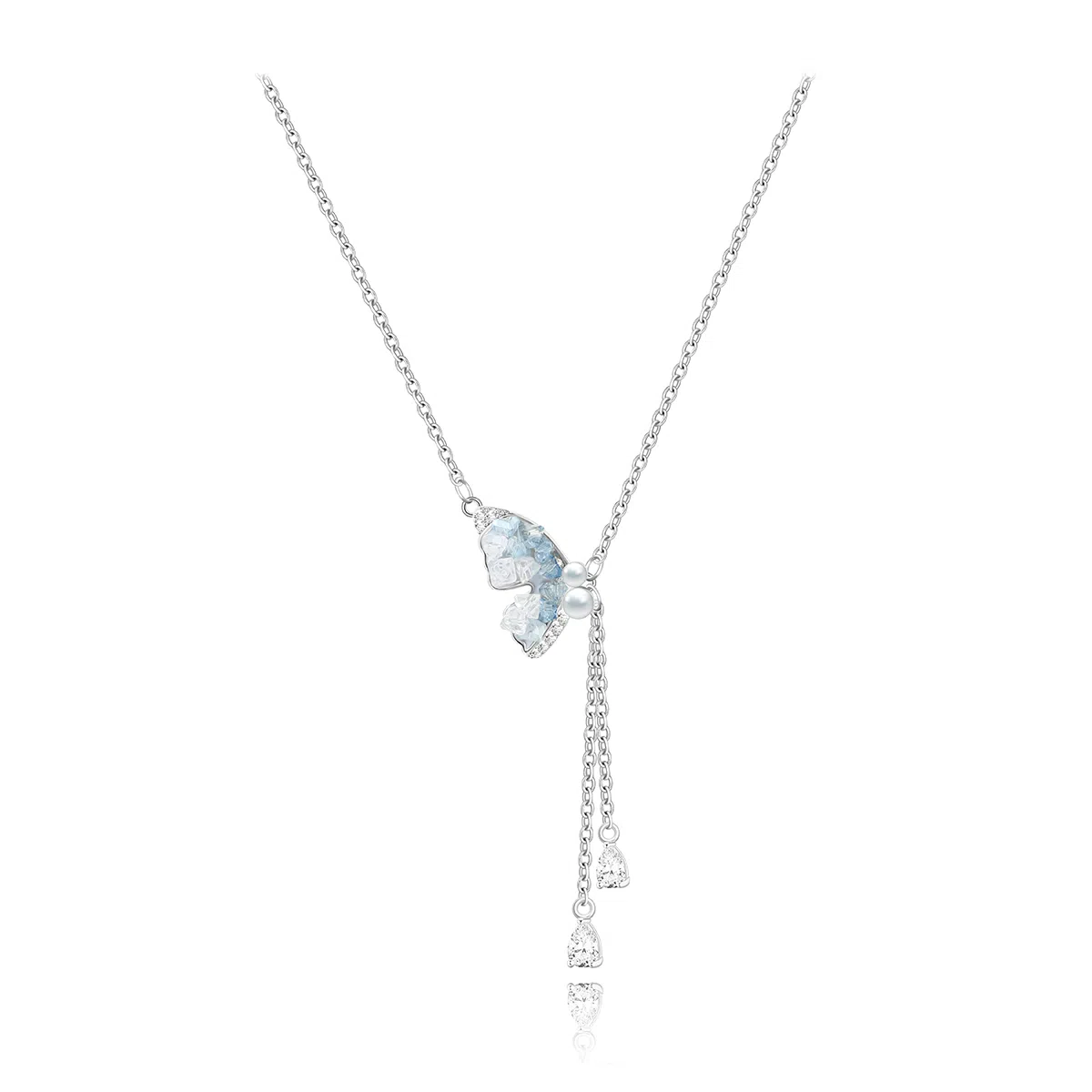 星珍思 渐变蓝色蝴蝶系列 雾霾蓝蝴蝶颈链甜酷珍珠流苏半蝶  森系海边夏日锁骨链 合金 项链 女款