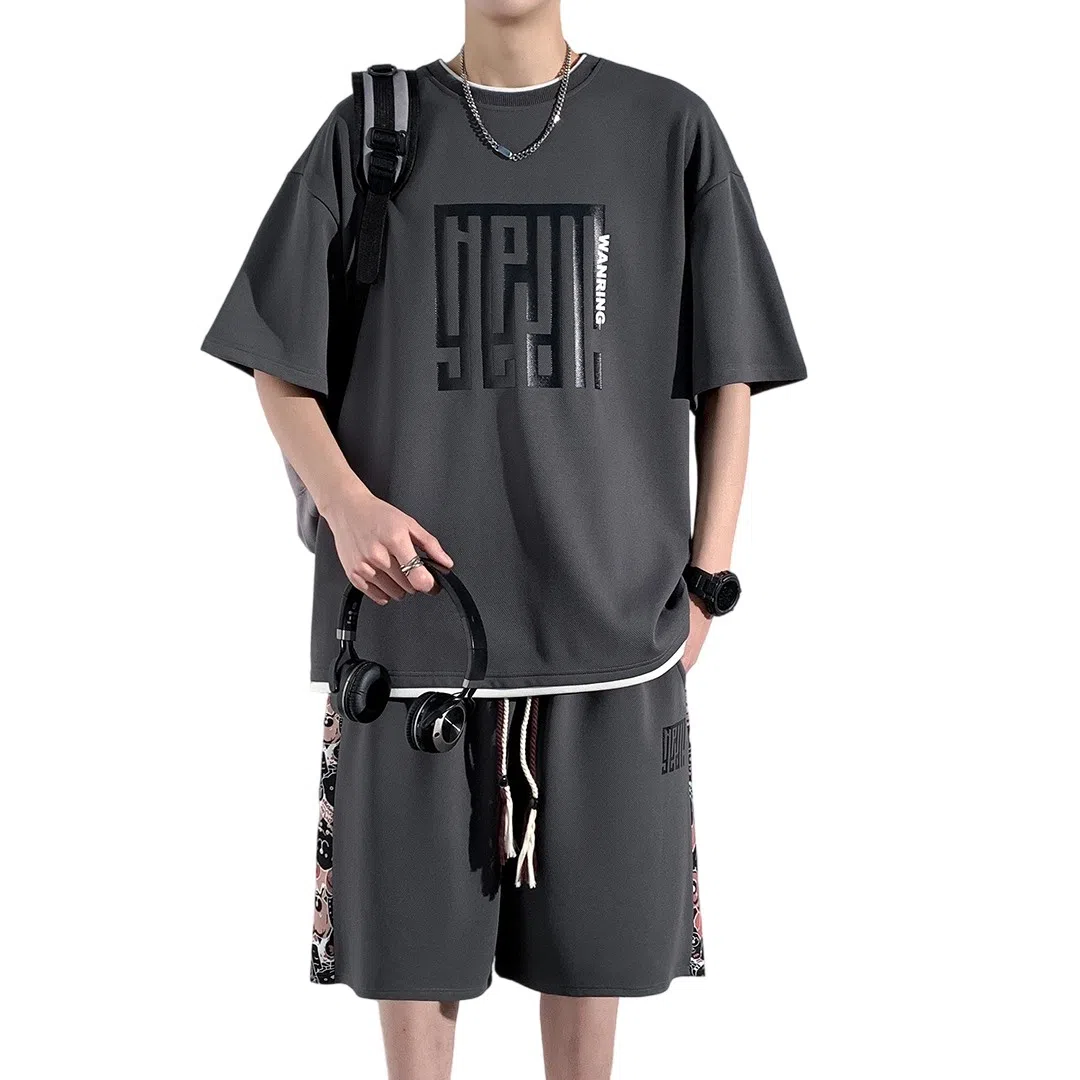 顶峰保罗 新中式国潮冰丝健身篮球圆领短袖短裤一整套无性别主义弹力松紧腰显高宽松加肥加大舒适百搭休闲运动套装 男女同款