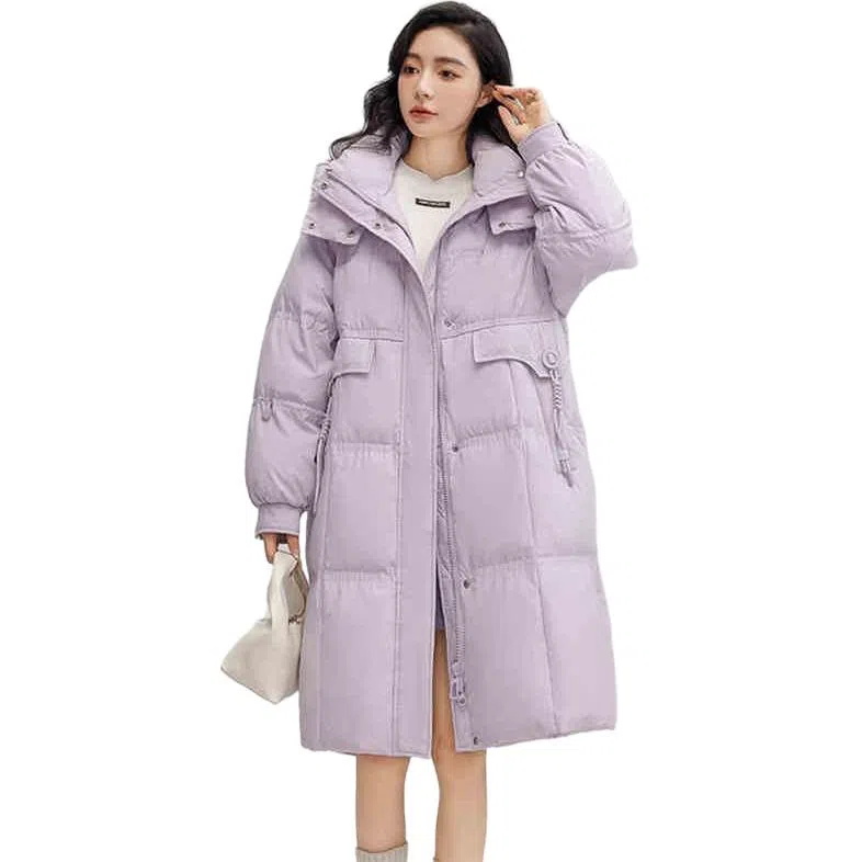 鸭鸭 纯色连帽口袋中长款休闲长袖羽绒服 女款