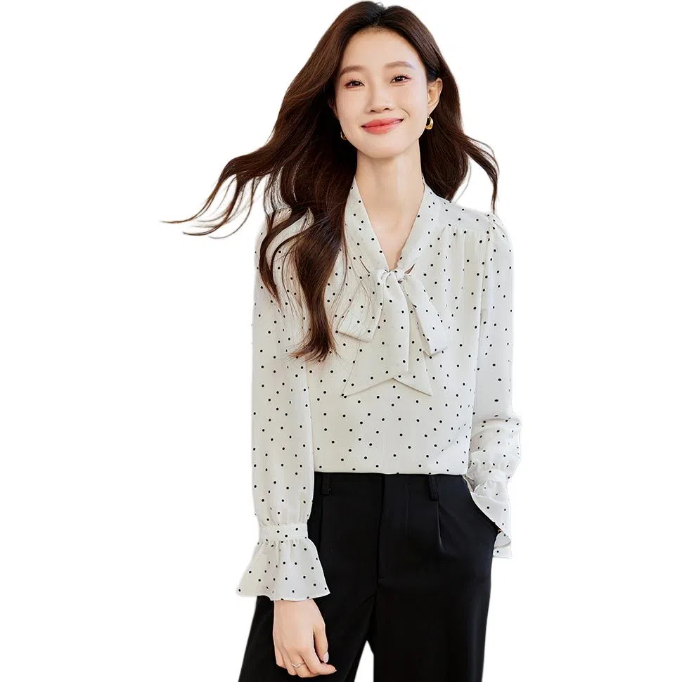 曲韩 圆点飘带领长袖衬衫 女款 白色