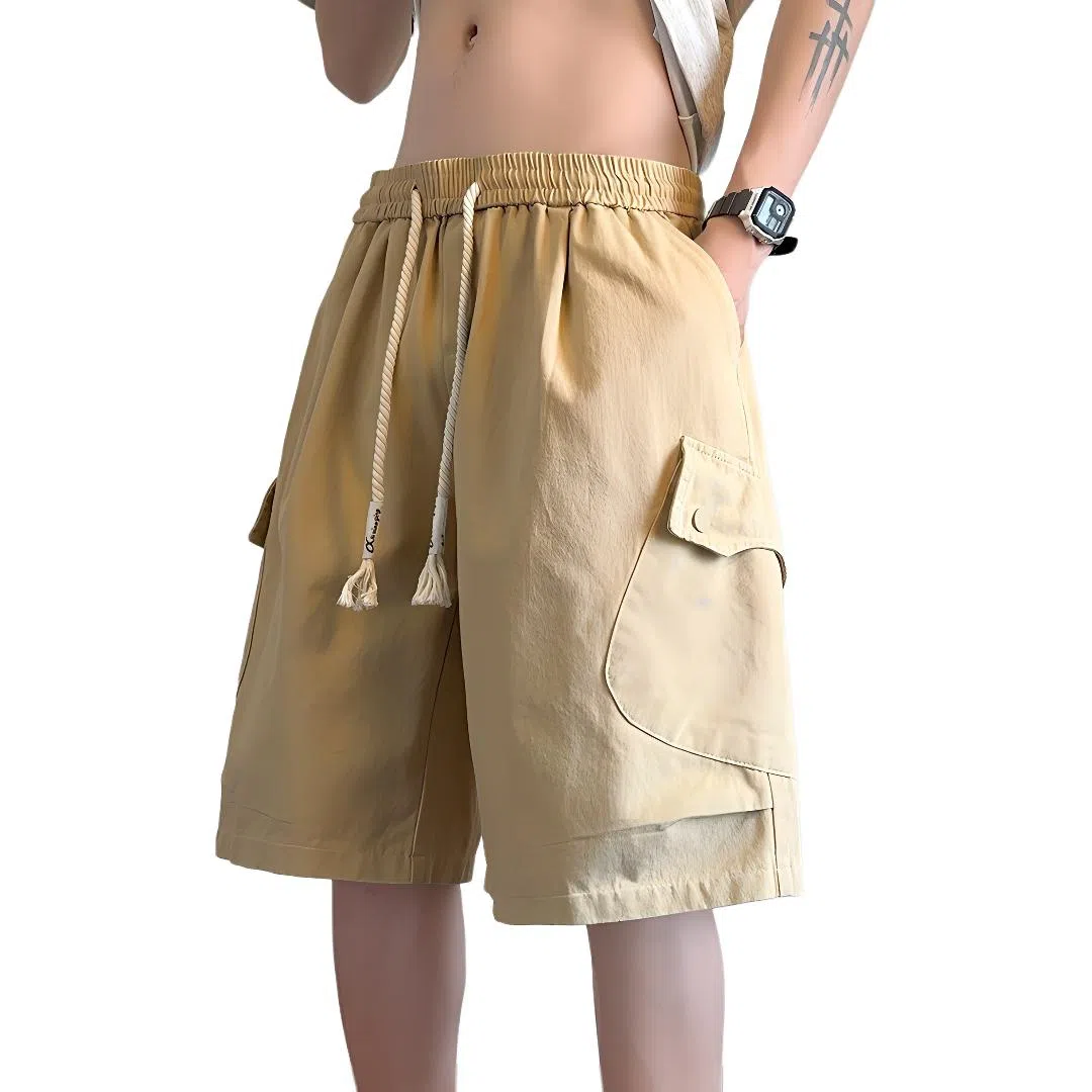 顶峰保罗 美式纯棉机能潮牌宽松百搭简约五分裤薄款透气无性别主义松紧腰直筒运动多口袋工装痞帅休闲短裤 男女同款