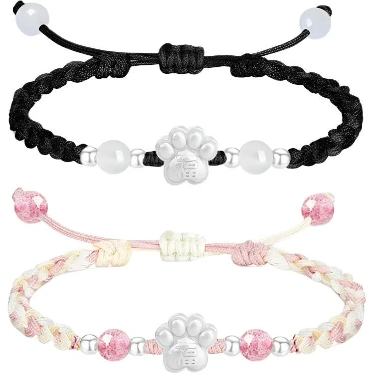 【S999足银】 色菲尔 新中式福字猫爪编织 国风国潮甜美可爱卡通萌趣日常通勤百搭可调节#好运桃花 织物 手绳 男女同款情侣款