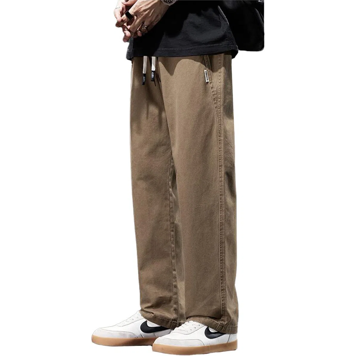 人本 纯色中腰宽松直筒系带休闲裤 男女同款 黑色