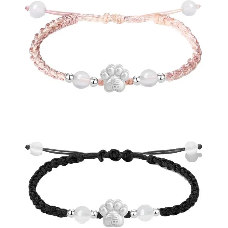 【S999足银】 色菲尔 新中式福字猫爪编织 国风国潮甜美可爱卡通萌趣日常通勤百搭可调节#好运桃花 织物 手绳 男女同款情侣款