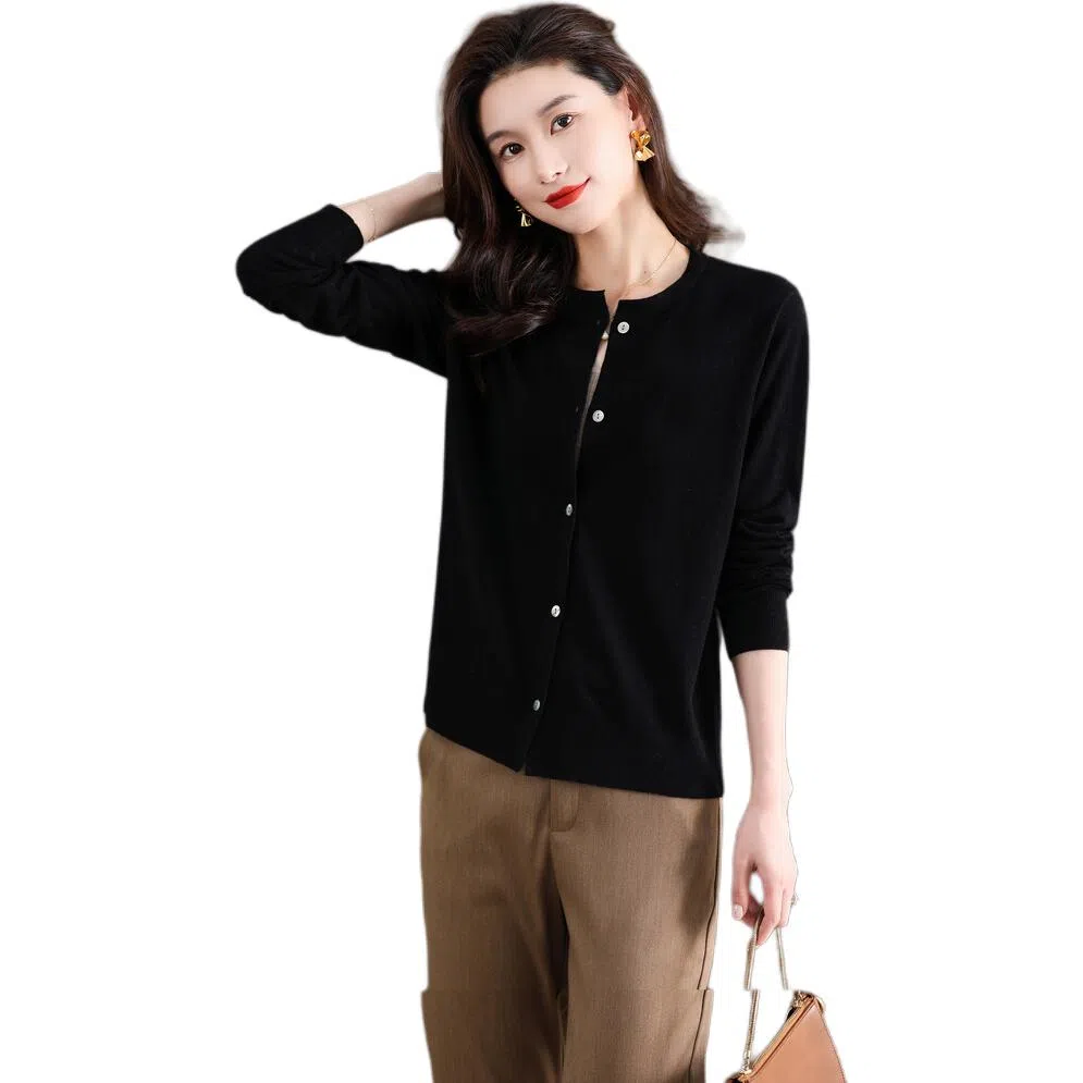 恒源祥 圆领时尚开衫通勤百搭纯色长袖针织衫 女款