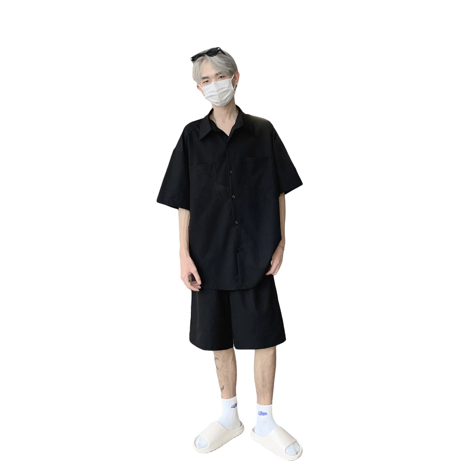 哲源 简约美式基础翻领纯色学院风宽松中腰系带五分裤休闲短袖衬衫套装 男女同款