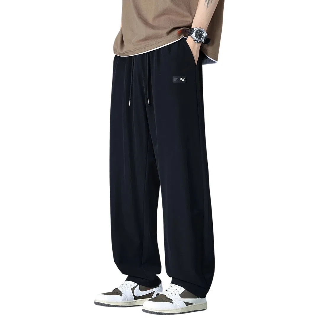 顶峰保罗 直筒裤子薄款潮牌痞帅宽松阔腿冰丝潮流运动抽绳无性别主义长裤时尚百搭垂感大码休闲裤 男女同款