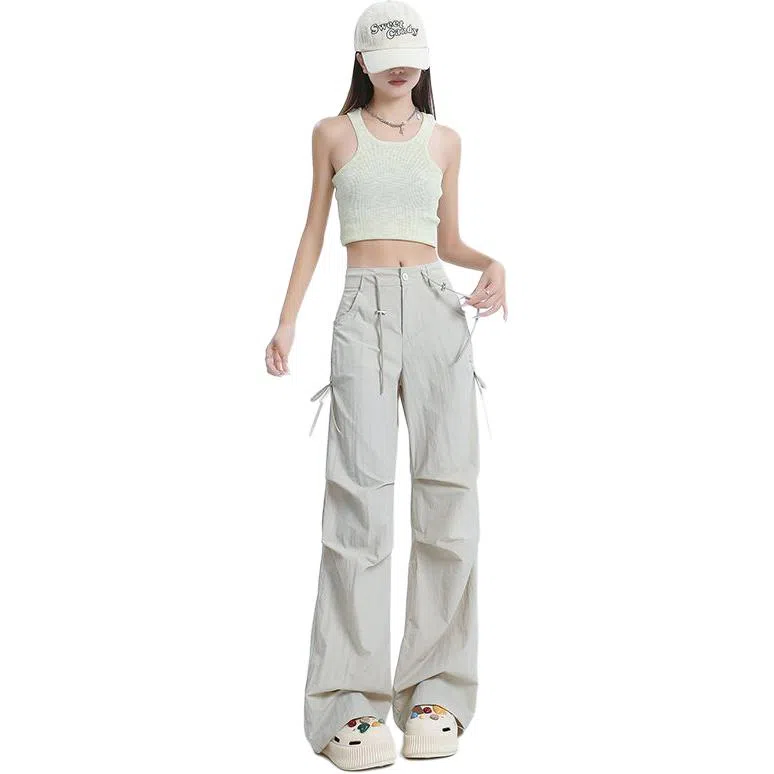 么宁 快速干长裤松紧抽绳高腰阔脚小个子高个子工装裤 女款