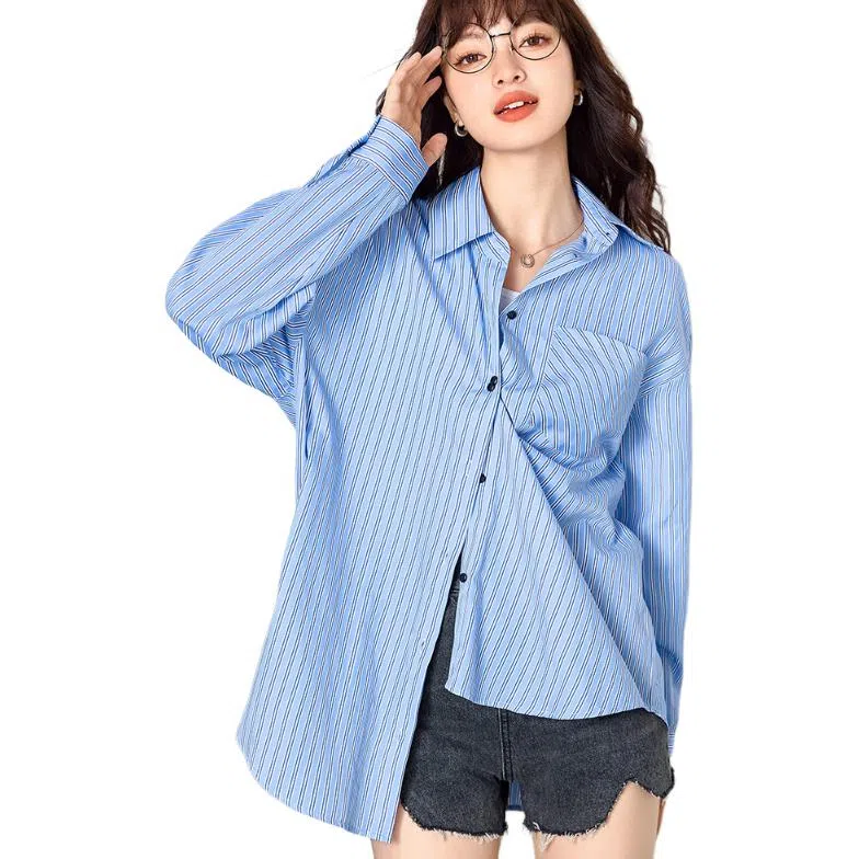 法文箱子 休闲条纹长袖衬衫 女款 蓝白条