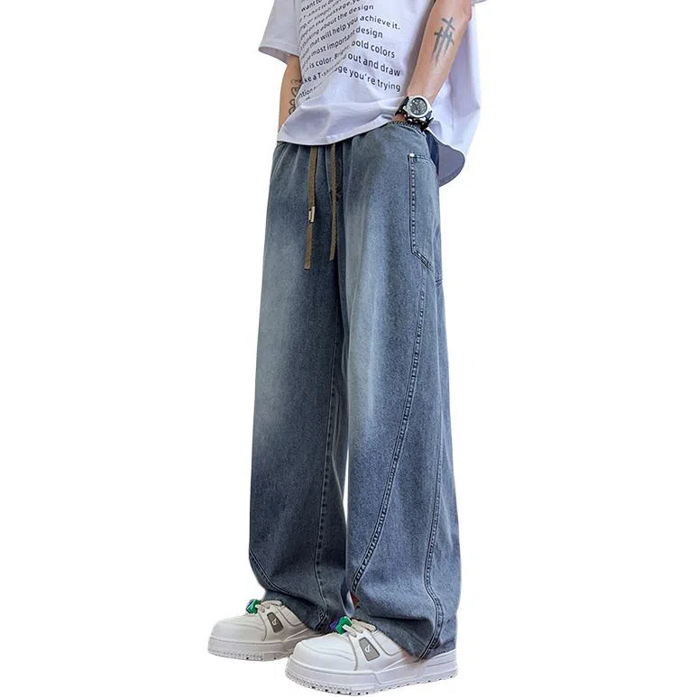 顶峰保罗 撞色抽绳凉感透气美式弯刀直筒长裤复古潮流情侣薄款宽松休闲小众百搭大码阔腿牛仔裤 男女同款